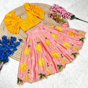 New Embroidery Soft Chinon Yellow Lehenga Choli